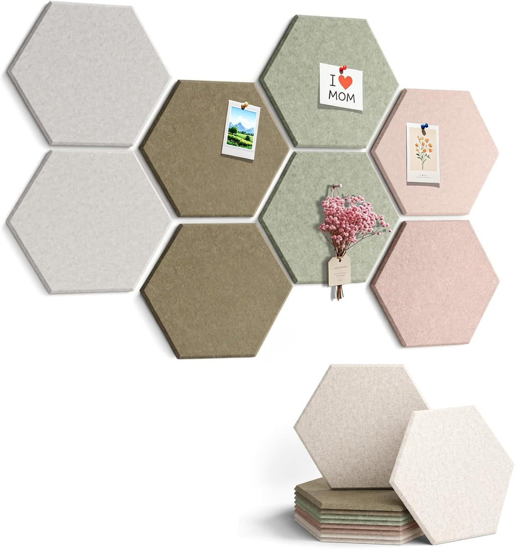 8 Pack Hexagon Cork Board Alternative for Walls Decor, 12" x 10" Self-Adhesive Felt Bulletin Board Tiles with 30 Pushpins, Acoustic Panels for Office,Classrooms (Minimalist Neutral)
