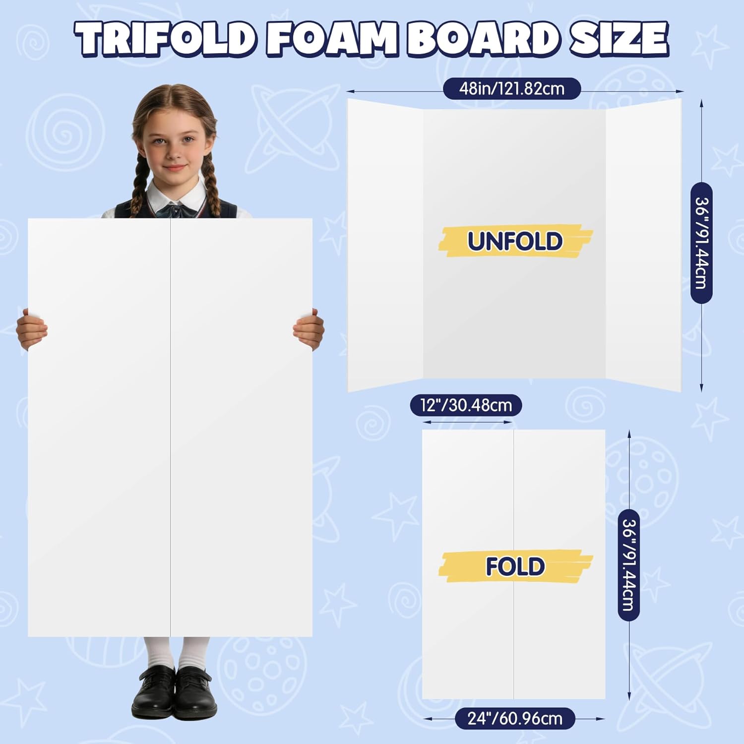 AKONEGE 2 Pack White Trifold Poster Board 36" x 48" Foam Core, Large Tri Fold Foam Poster Boards for Presentations, Science Fair Display, Photo Display, Office & School Projects, Event Exhibitions