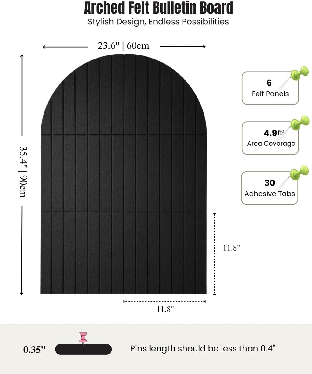 Arched Felt Bulletin Board 36" x 24", 6 Felt Tiles with 30 Removable Adhesive Tabs, Cork Board Alternaltive for Office, Vision Board & Wall Decor (Black)