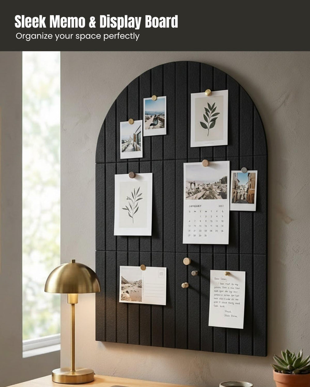 Arched Felt Bulletin Board 36" x 24", 6 Felt Tiles with 30 Removable Adhesive Tabs, Cork Board Alternaltive for Office, Vision Board & Wall Decor (Black)
