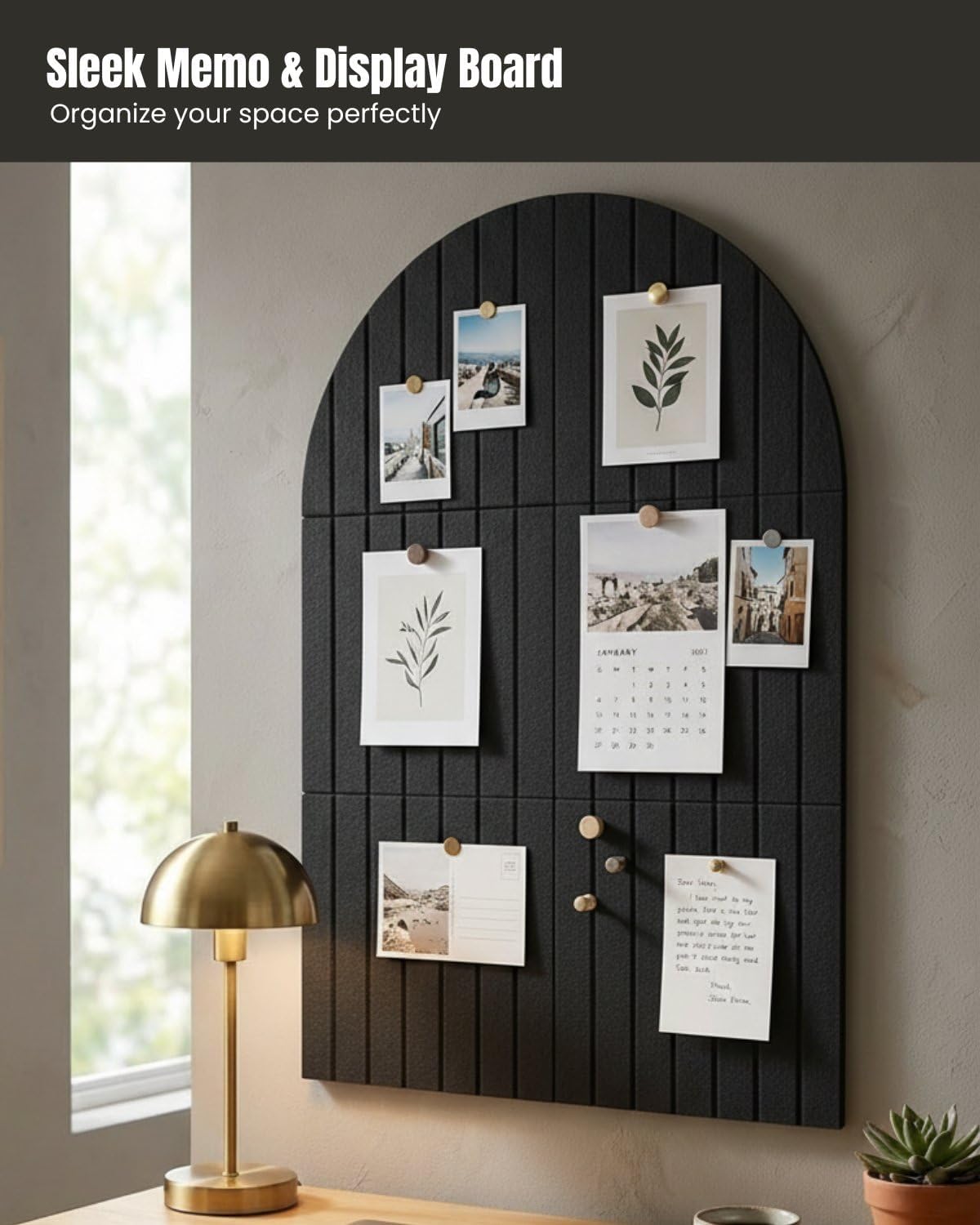 Arched Felt Bulletin Board 36" x 24", 6 Felt Tiles with 30 Removable Adhesive Tabs, Cork Board Alternaltive for Office, Vision Board & Wall Decor (Black)