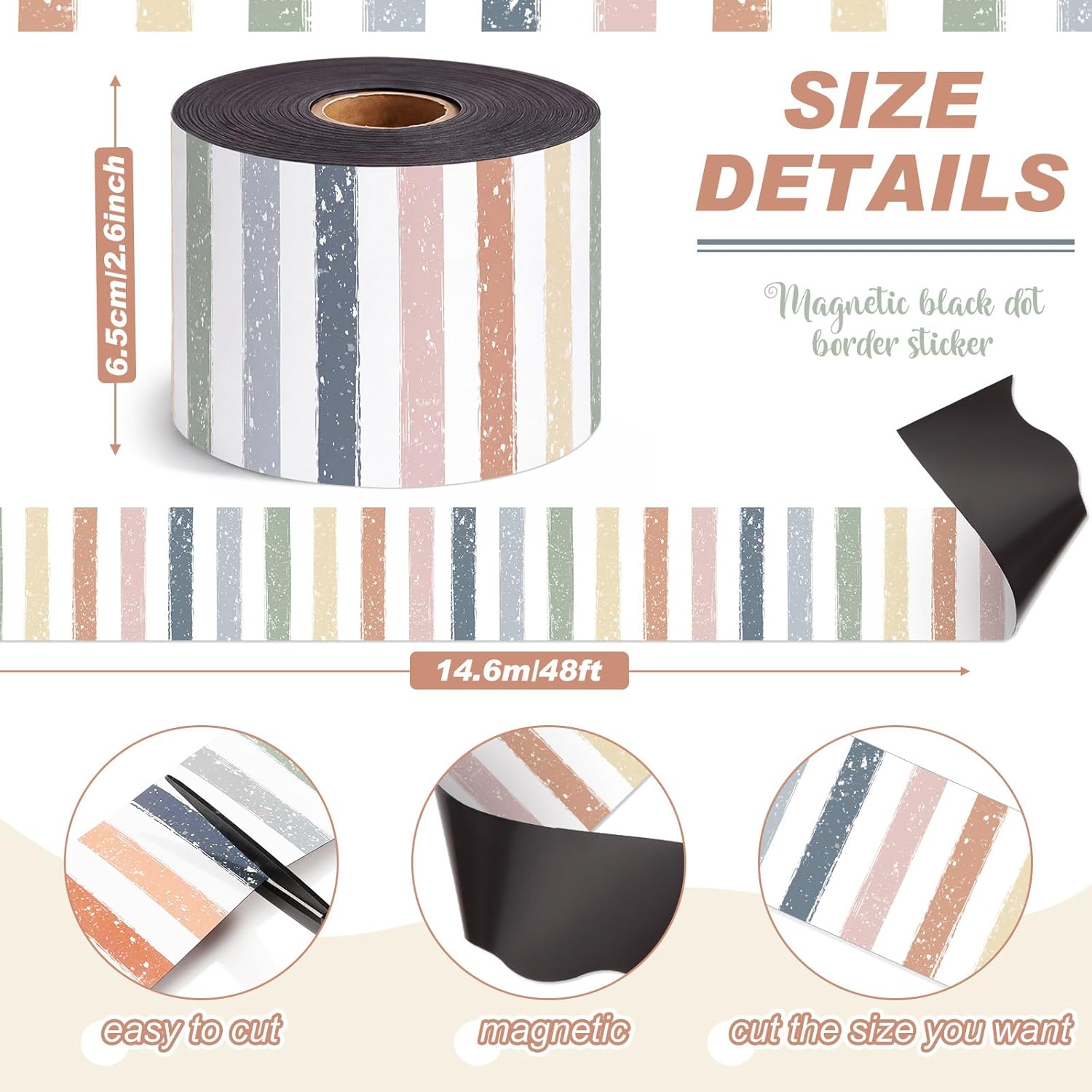 Tenceur Magnetic Bulletin Board Borders 48 ft x 2.76 Inch Neutral Polka Dots Stripes Border Trim for Classroom Decor Whiteboard Chalkboard Poster Board School Teacher Office Supplies