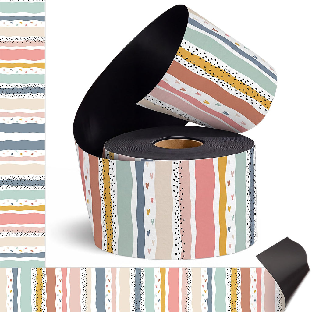 Tenceur Magnetic Bulletin Board Borders 48 ft x 2.76 Inch Neutral Polka Dots Stripes Border Trim for Classroom Decor Whiteboard Chalkboard Poster Board School Teacher Office Supplies
