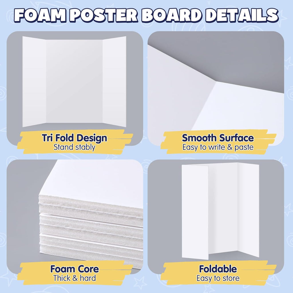 AKONEGE 2 Pack White Trifold Poster Board 36" x 48" Foam Core, Large Tri Fold Foam Poster Boards for Presentations, Science Fair Display, Photo Display, Office & School Projects, Event Exhibitions