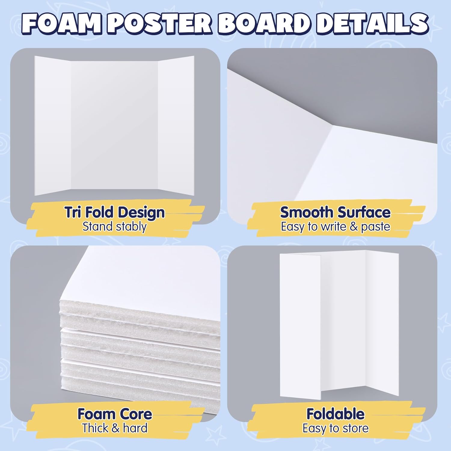 AKONEGE 2 Pack White Trifold Poster Board 36" x 48" Foam Core, Large Tri Fold Foam Poster Boards for Presentations, Science Fair Display, Photo Display, Office & School Projects, Event Exhibitions