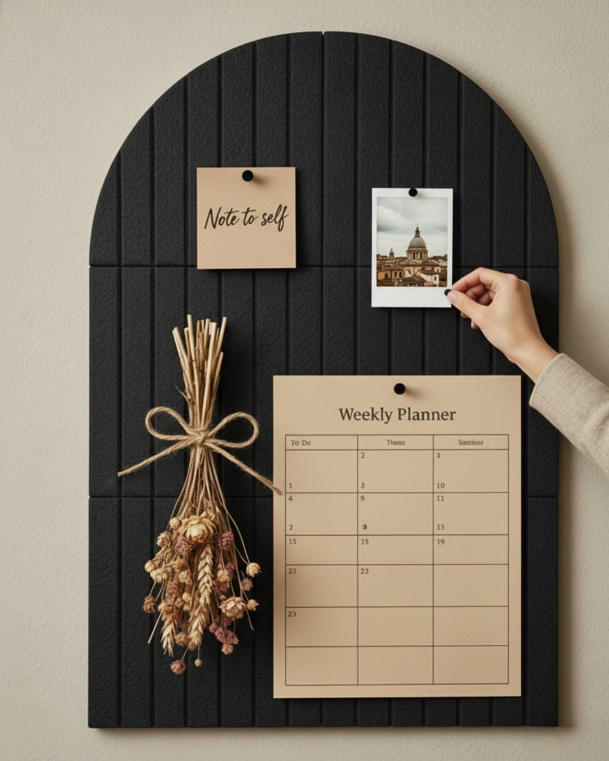 Arched Felt Bulletin Board 36" x 24", 6 Felt Tiles with 30 Removable Adhesive Tabs, Cork Board Alternaltive for Office, Vision Board & Wall Decor (Black)