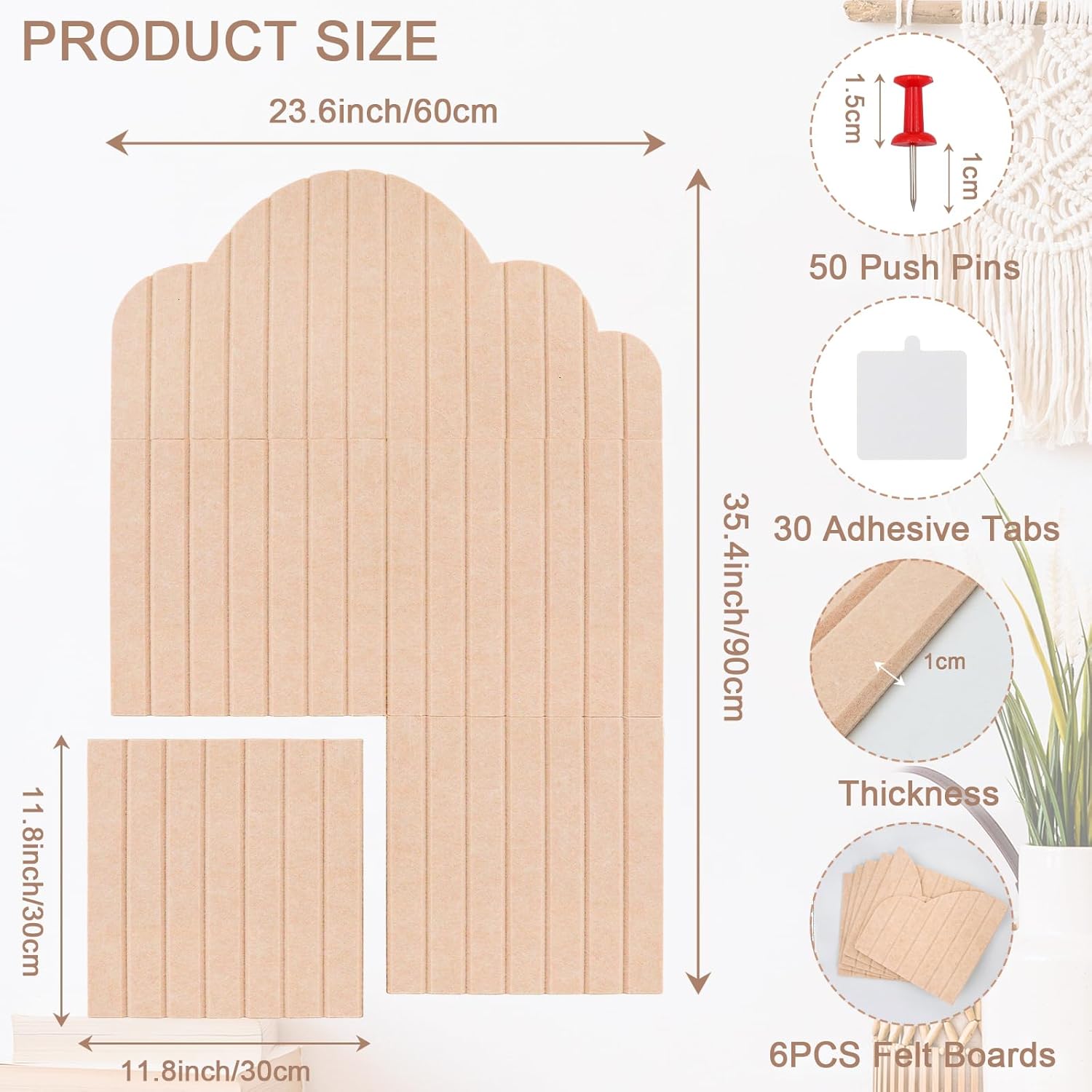 Large Cloud Arched Felt Bulletin Board, Pale Pink Sized 35" x 24" Cork Board Alternative with 6 Adhesive Tiles, 50 Pushpins for Office & Wall Decor, Perfect to Display Your Photos