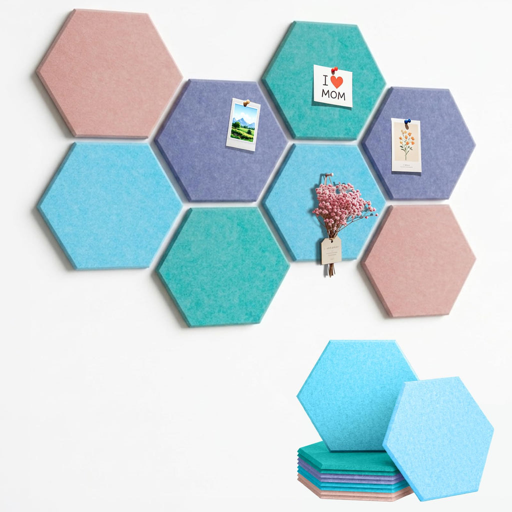 8 Pack Hexagon Cork Board Alternative for Walls Decor, 12" x 10" Self-Adhesive Felt Bulletin Board Tiles with 30 Pushpins, Acoustic Panels for Office,Classrooms (Minimalist Neutral)