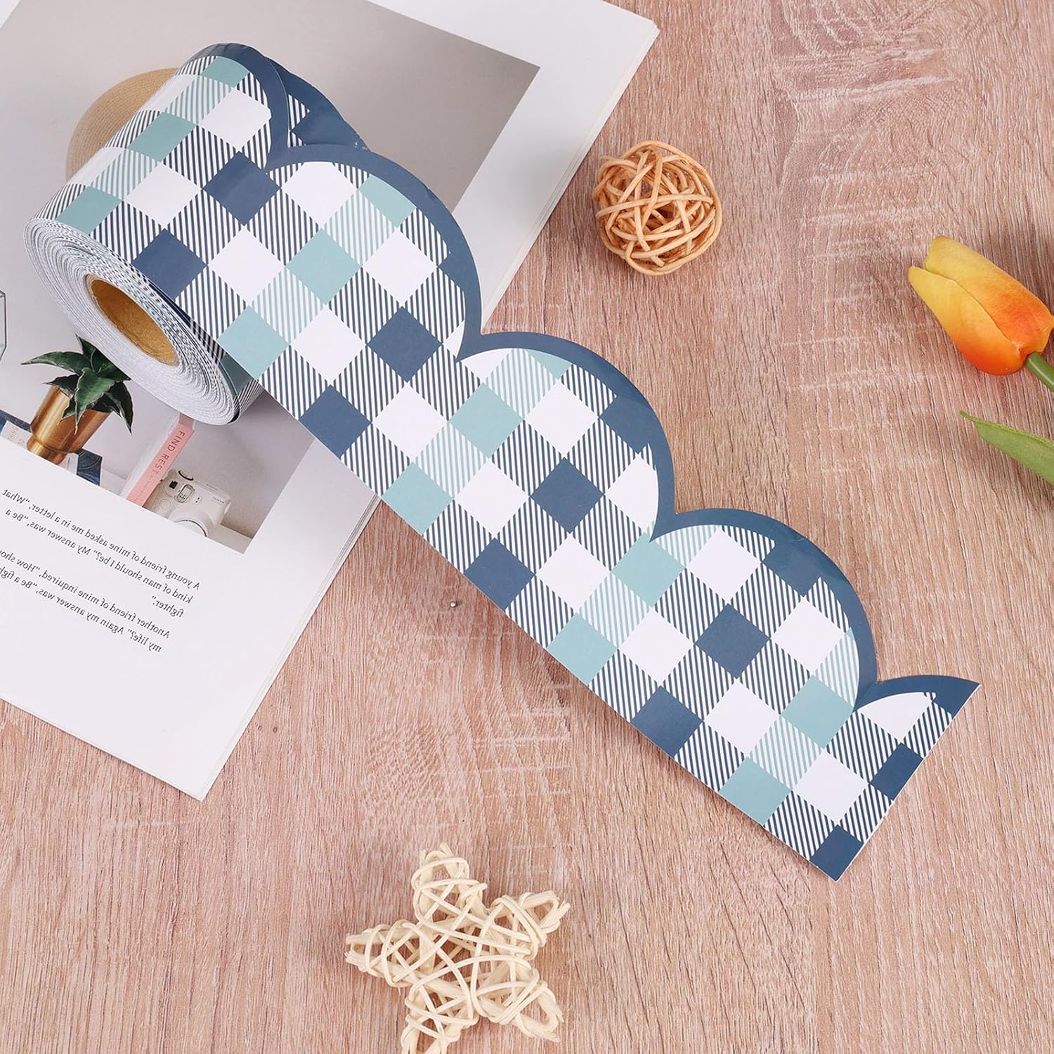 65 Feet Blue Checkered Bulletin Board Borders Spring Classroom Bulletin Board Decorations Bows Scalloped Rolled Border Trim for School Whiteboard Chalkboard Wall Locker Decor (Blue, 65.6ft)