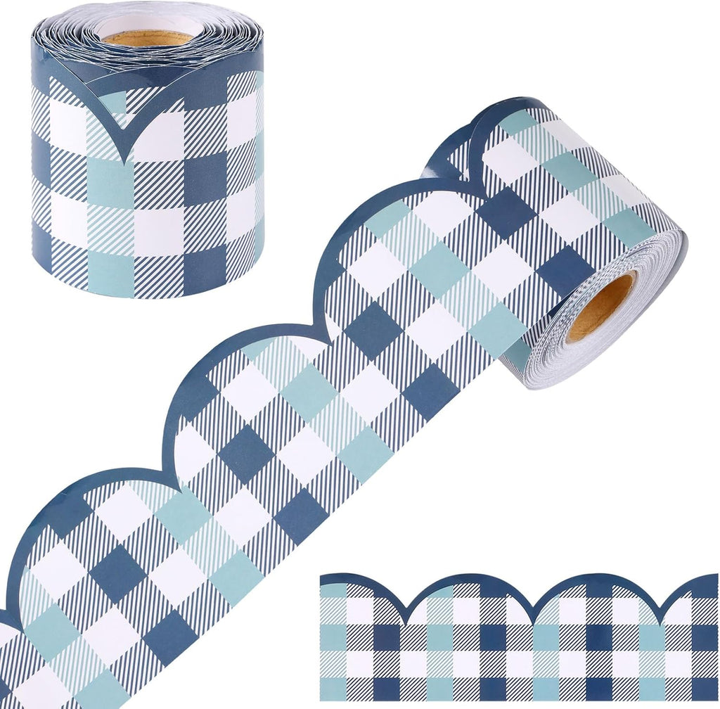 65 Feet Blue Checkered Bulletin Board Borders Spring Classroom Bulletin Board Decorations Bows Scalloped Rolled Border Trim for School Whiteboard Chalkboard Wall Locker Decor (Blue, 65.6ft)