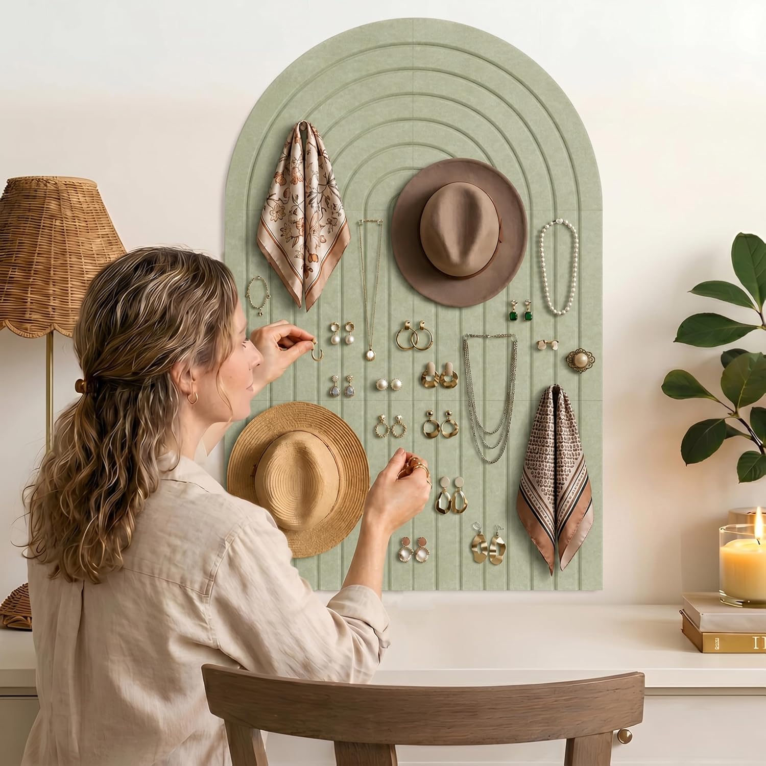 6 Pack Arched Felt Bulletin Board Tiles 35"x24", Cork Board Alternative with Felt Storage Bag, Vision Board, Adhesive Felt Wall Tiles with 50PCS Pushpins for Office, Home Wall Decor & Photo Display