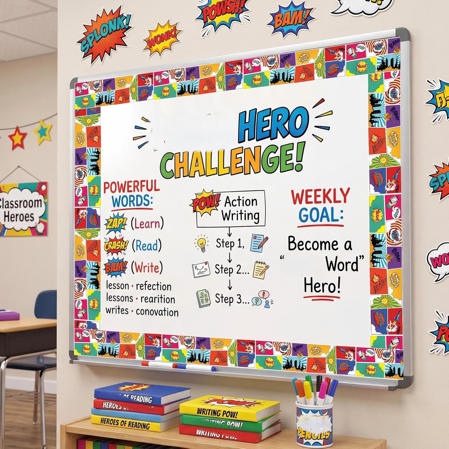Tenceur Hero Magnetic Borders for Whiteboard Decoration, 48 ft x 2.76 Inch Magnetic Bulletin Board Border Roll for School Classroom Office Chalkboard Poster Board Decor
