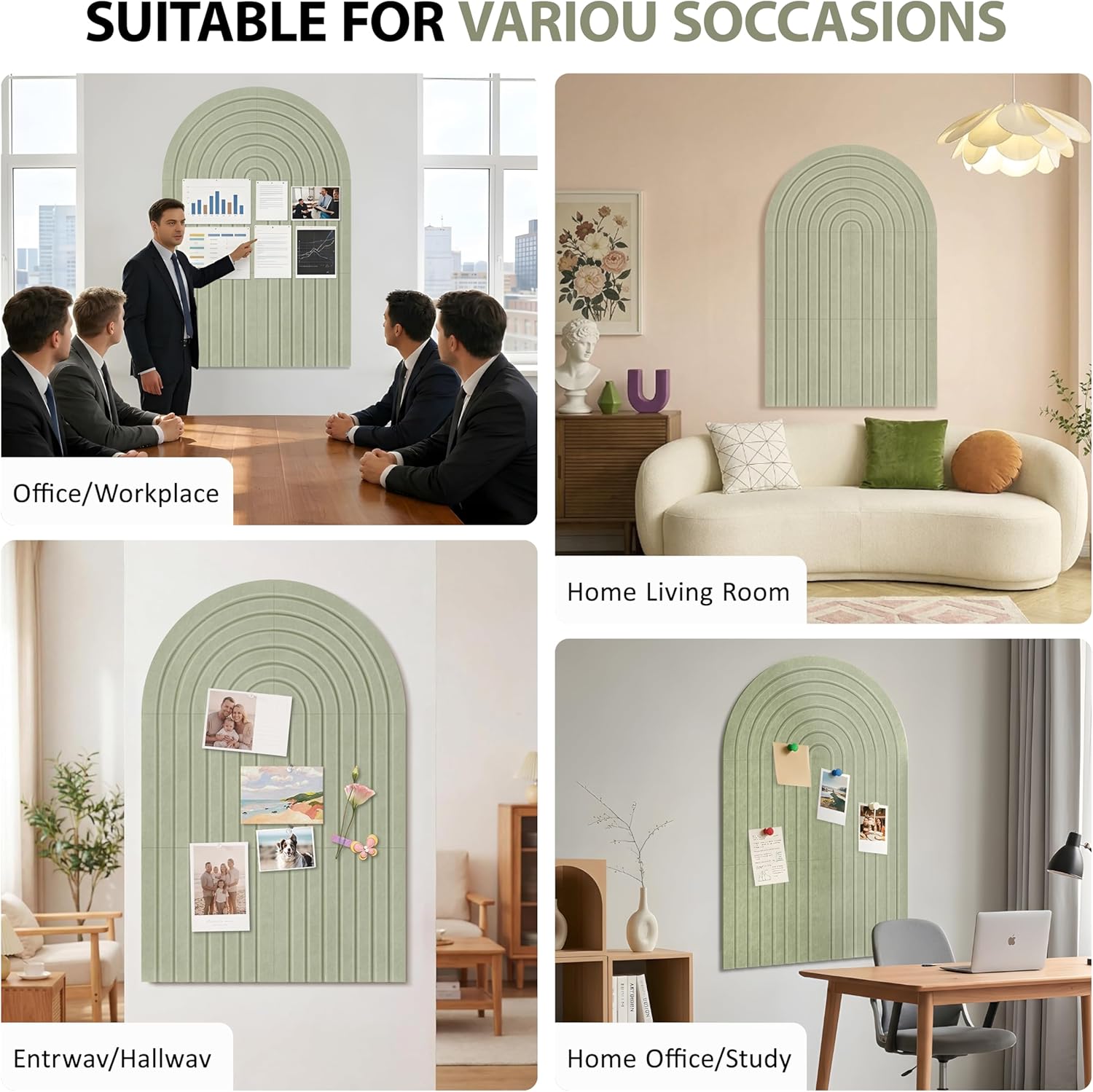 6 Pack Arched Felt Bulletin Board Tiles 35"x24", Cork Board Alternative with Felt Storage Bag, Vision Board, Adhesive Felt Wall Tiles with 50PCS Pushpins for Office, Home Wall Decor & Photo Display