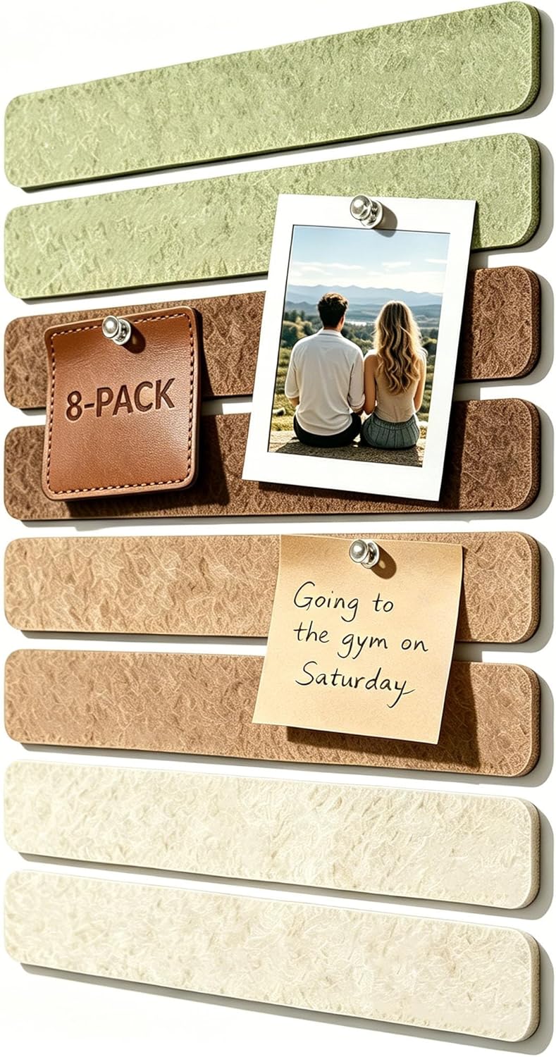 Felt Strip Bulletin Board,8-Pack Cork Board Alternative Bar Strips Boards–13" x 2" Felt Wall Tiles with 48 Push Pins&48 Adhesive Tapes,Removable Adhesive Install Felt Pin Board for Wall,Home Office