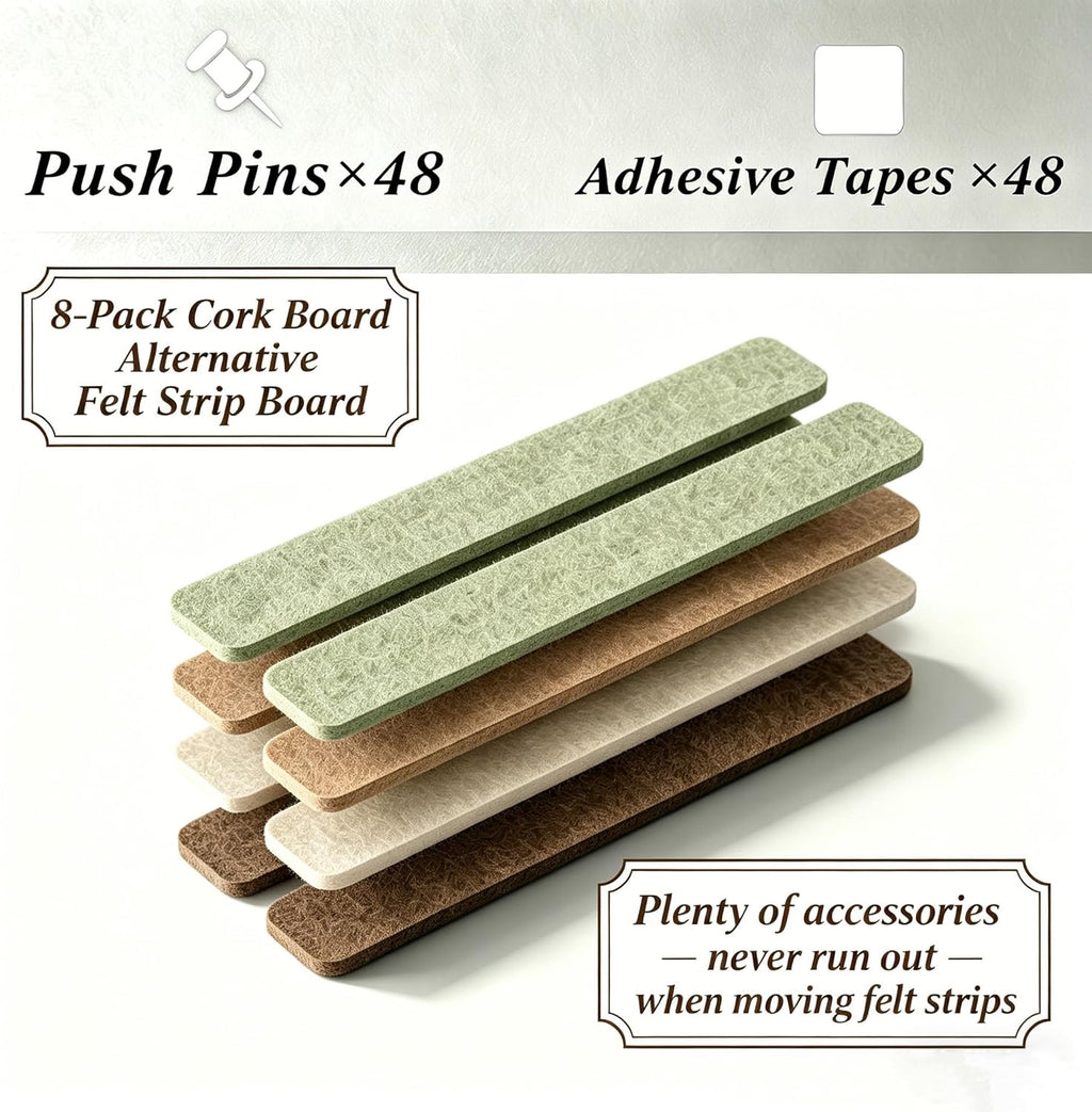Felt Strip Bulletin Board,8-Pack Cork Board Alternative Bar Strips Boards–13" x 2" Felt Wall Tiles with 48 Push Pins&48 Adhesive Tapes,Removable Adhesive Install Felt Pin Board for Wall,Home Office