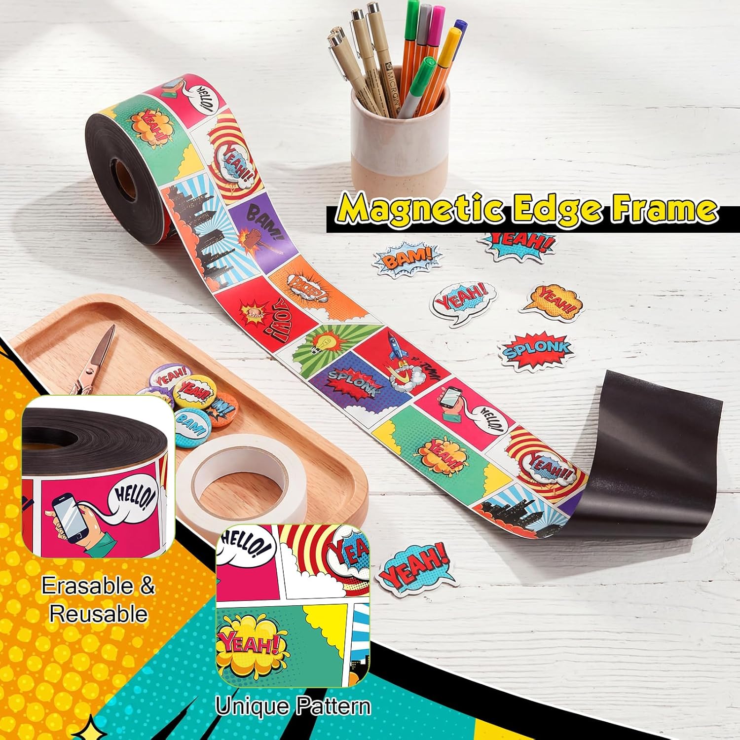 Tenceur Hero Magnetic Borders for Whiteboard Decoration, 48 ft x 2.76 Inch Magnetic Bulletin Board Border Roll for School Classroom Office Chalkboard Poster Board Decor