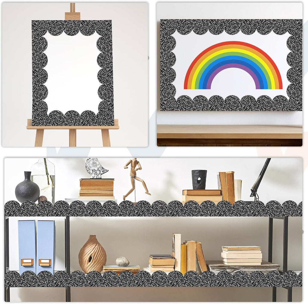 50 Feet Composition Bulletin Board Borders, Black and White Scalloped Rolled Border Trim, Classroom Borders Wavy Decor for Back to School, Home, School, Office Wall DIY Decorations