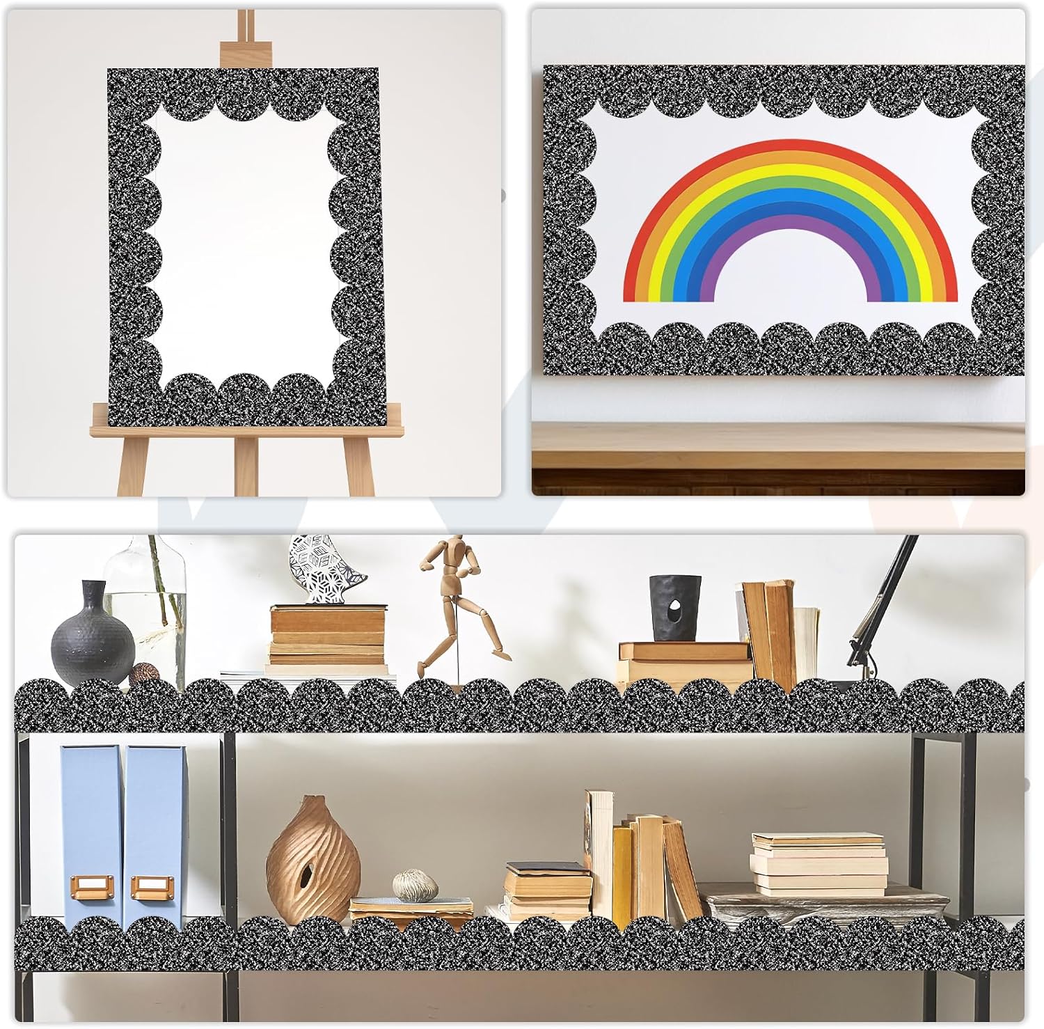 50 Feet Composition Bulletin Board Borders, Black and White Scalloped Rolled Border Trim, Classroom Borders Wavy Decor for Back to School, Home, School, Office Wall DIY Decorations